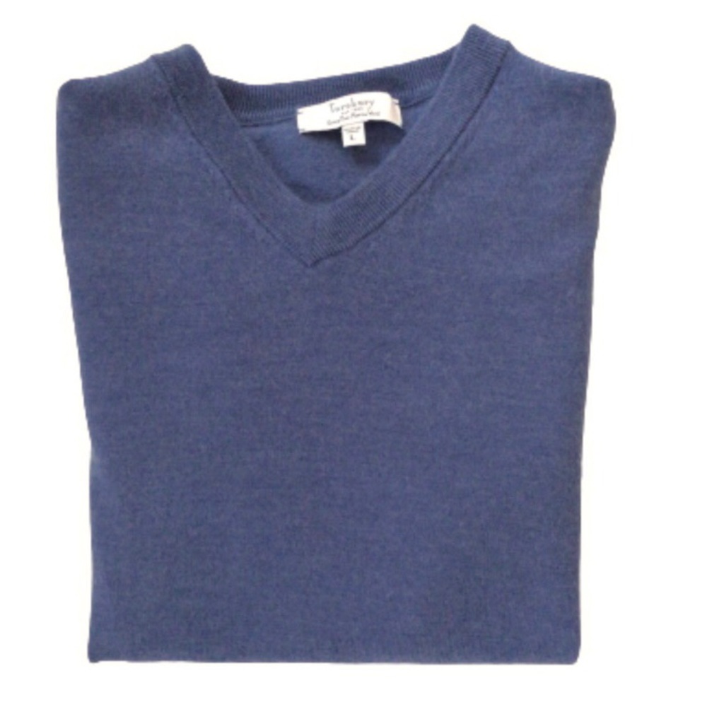 Turnbury Heather Blue Extra Fine Merino Wool V-Neck Large